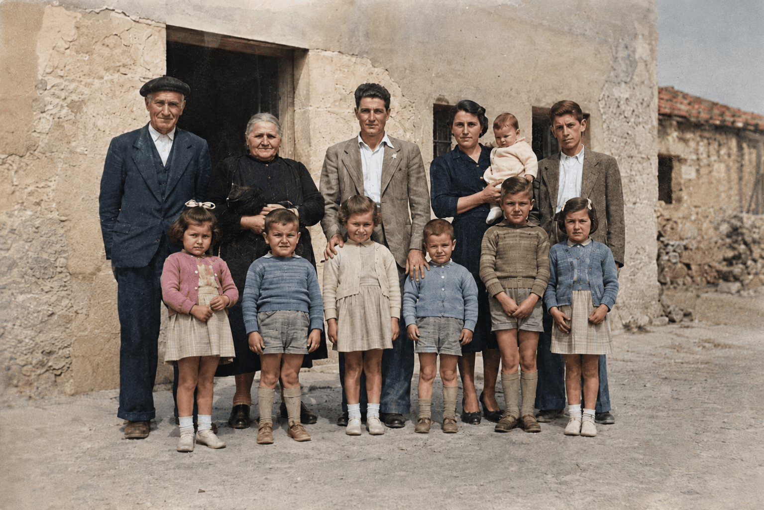 Familia numerosa posando delante de su casa — después